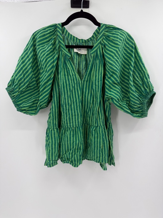 Printfresh Tops - Printfresh Women's V-neck 100% Organic Cotton Puff Sleeve Top - Green Stripes M